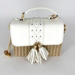 Annie Handbags Top Handle Basket Purse with White Leather and Rope Strap